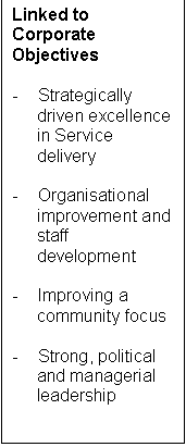 Text Box: Linked to Corporate Objectives

-	Strategically driven excellence in Service delivery

-	Organisational improvement and staff development

-	Improving a community focus

-	Strong, political and managerial leadership

1.Raising education standards and promoting lifelong learning
                                                2. Creating safe & crime-free
                                                communities
